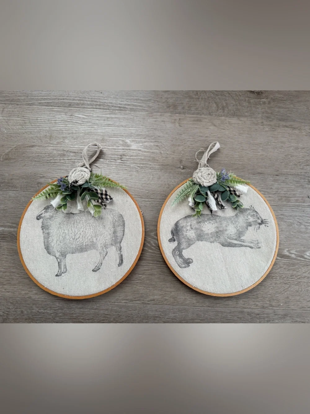 Set of 2 Hoop Art Stamped Sheep Hare Farmhouse Cottagecore Handmade Floral